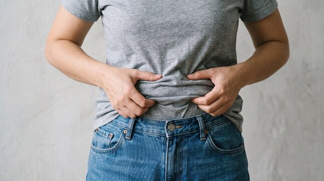 Woman holding her belly in gray t shirt and blue jeans demonstrating weight gain bloating stomach issues or body image concerns closeup