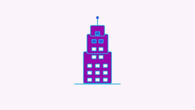 Animated flat skyscraper icon in a minimal vector style, lighting floors upward in a smooth 4K seamless loop. The symbol sits isolated in the centre of a bright light background in purple and violet, 