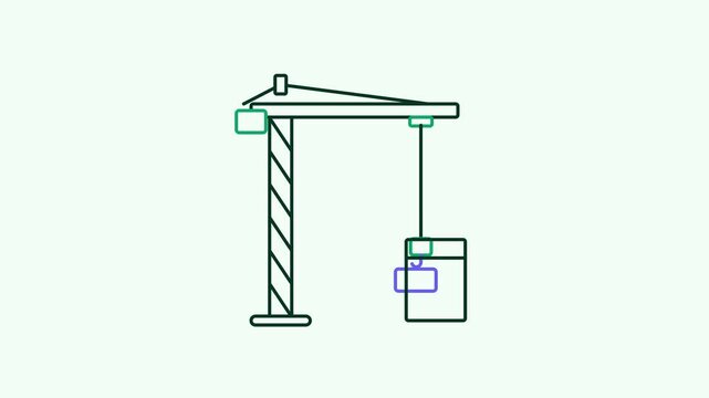 Animated flat tower crane icon in a minimal vector style, lifting load in a smooth 4K seamless loop. The symbol sits isolated in the centre of a bright light background in fresh green, leaving room fo