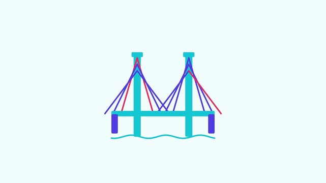 Seamless 4K looping animation of a flat bridge span icon tensioning cables, centred on a clean light background with plenty of copy space. Bold outlined vector shapes in teal and turquoise and smooth 