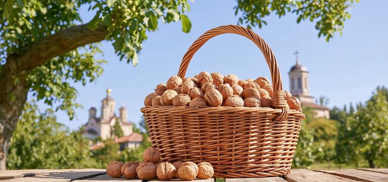 Woven basket of walnuts on weathered wood beneath a walnut tree, with an Orthodox church visible in the distance.