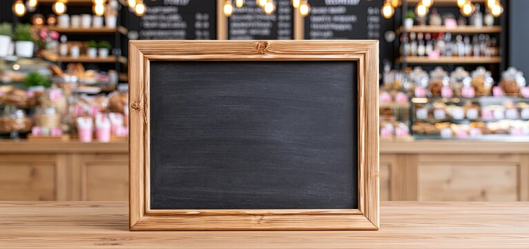 Blank chalkboard in a rustic wooden frame dominates the composition, while a softly lit caf&eacute; backdrop adds inviting warmth.