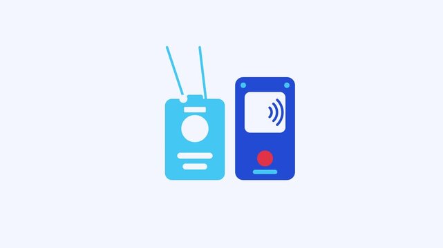 Seamless 4K looping animation of a flat badge access icon tapping reader, centred on a clean light background with plenty of copy space. Bold outlined vector shapes in blue and azure and smooth repeat