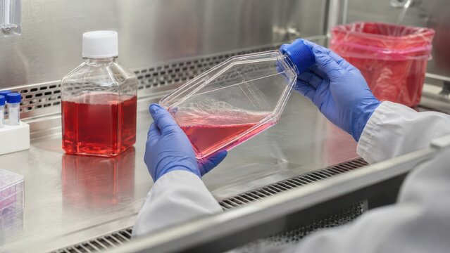 Gloved hands holding cell culture flask with red culture medium inside biosafety cabinet, aseptic technique with medium bottle and biohazard bag