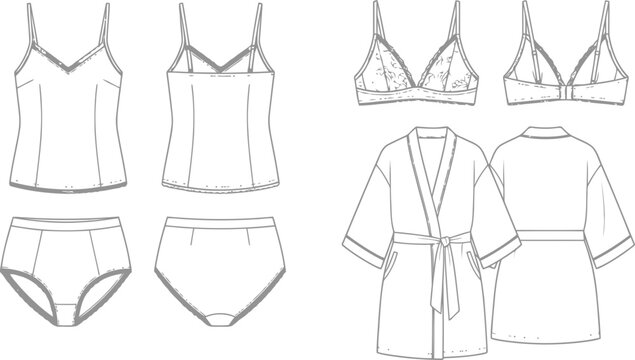 Lingerie apparel technical line art sheet featuring camisole, panties, lace bralette, and robe on white background