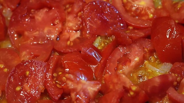 Chopped red tomatoes and onions sizzling and simmering in a pan while frying juicy vegetable base sauce for traditional Shakshuka recipe. Beautiful cinematic culinary food scene of a hot breakfast. 