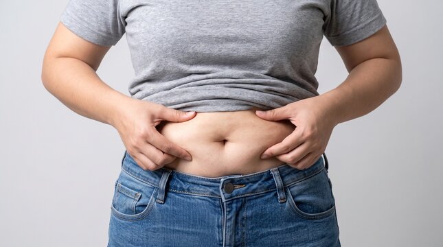 Overweight woman pinching her belly fat while wearing casual gray t-shirt and blue jeans, demonstrating body weight issues, lifestyle, and health concerns indoors