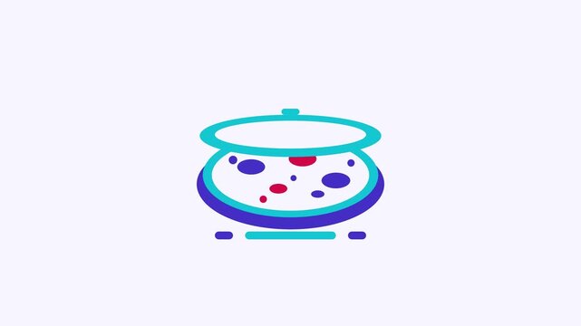 Animated flat petri dish icon in a minimal vector style, growing colonies in a smooth 4K seamless loop. The symbol sits isolated in the centre of a bright light background in teal and turquoise, leavi