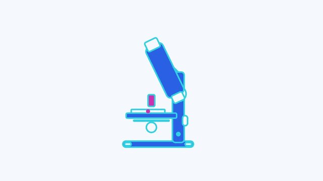 Seamless 4K looping animation of a flat microscope slide icon focusing sample, centred on a clean light background with plenty of copy space. Bold outlined vector shapes in blue and azure and smooth r