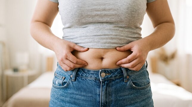 Woman pinching belly fat while wearing gray t shirt and blue denim jeans standing indoors during bright daytime lighting for health awareness photography