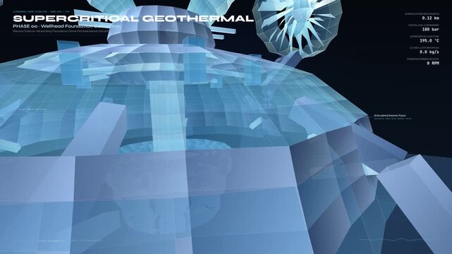 Educational animation of a supercritical geothermal wellhead harnessing abyssal fire, featuring telescopic tungsten sleeve insertion, mechanical seal expansion, and turbine drive phases