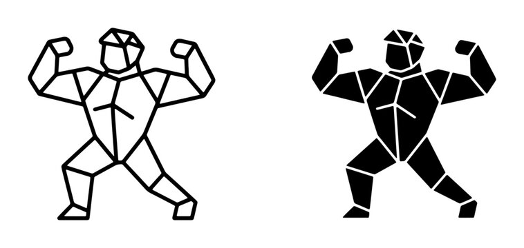 Muscular man flexing arm silhouettes and icons for fitness and strength logo