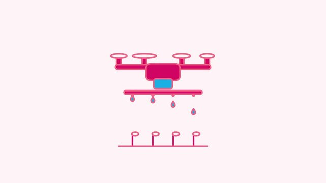 Seamless 4K looping animation of a flat spraying drone icon misting crops, centred on a clean light background with plenty of copy space. Bold outlined vector shapes in red and crimson and smooth repe