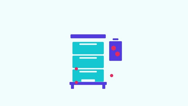 Animated flat beehive frames icon in a minimal vector style, buzzing entrance in a smooth 4K seamless loop. The symbol sits isolated in the centre of a bright light background in teal and turquoise, l