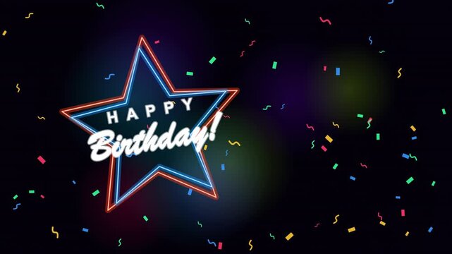 Animated glowing neon stars with Happy Birthday text and floating confetti, featuring a smooth medium-speed fade and optimized performance for seamless loops.