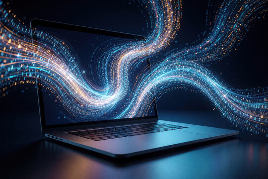 Glowing digital data streams flow from laptop screen in dark futuristic space. Blue, orange light lines represent encrypted information, cyber security, high tech connectivity. Virtual binary code