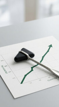 Healthcare innovation spending growth shown by rising quarterly chart and reflex hammer, conveying optimism about medical progress