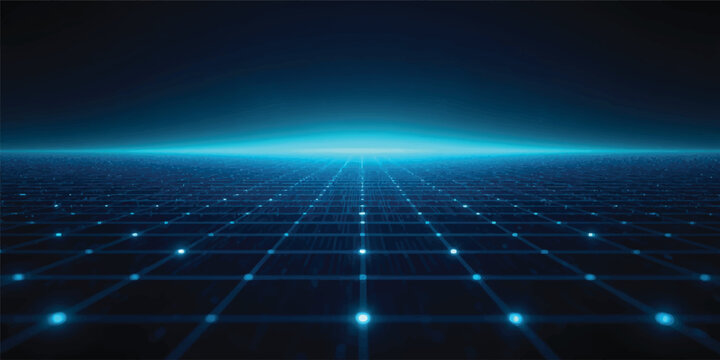 Abstract blue glowing grid floor perspective with light horizon