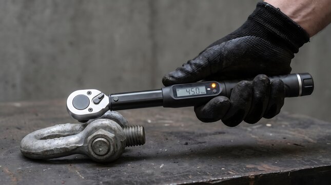 Digital torque wrench measuring force on heavy metal bolt for precision.