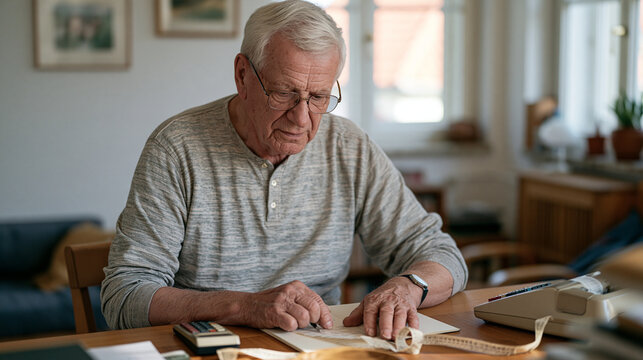 Czech retiree sitting in sunlit apartment calculating total interest paid over thirty years on original mortgage, adding machine tape curling off the desk, a long pause of