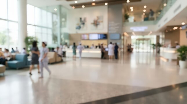 Hospital lobby interior blurred background with medical staff and patients walking in a bright modern healthcare facility hall for professional corporate design and medical concepts