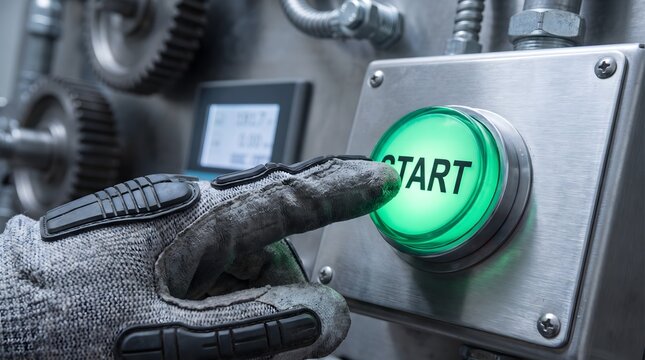 Finger pressing large illuminated green "START" button on industrial machine.