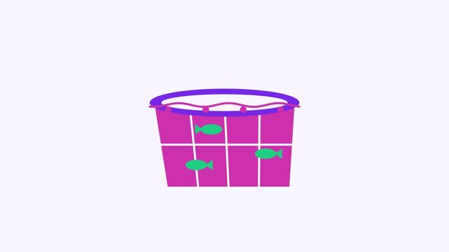 Seamless 4K looping animation of a flat fish farm cage icon circling, centred on a clean light background with plenty of copy space. Bold outlined vector shapes in purple and violet and smooth repeati