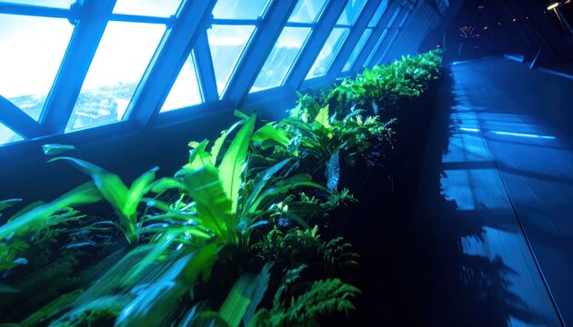 Row of glowing green plants along futuristic glass wall.