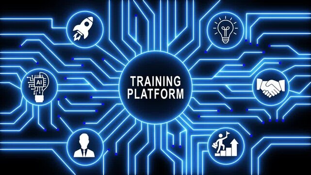 Dynamic training platform digital network animation featuring glowing blue circuit board lines, artificial intelligence rocket launch, and corporate development concepts