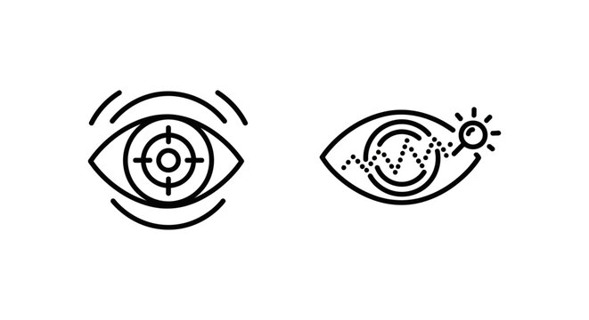 Line art icons illustrating human eye observation and focus tracking techniques with observation analysis tracking monitoring perceive pictogram business research technology