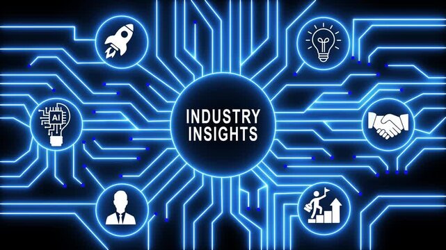 Industry insights concept with glowing blue circuit board background, featuring business technology, and data network, connections for corporate, presentations and digital, strategy communications