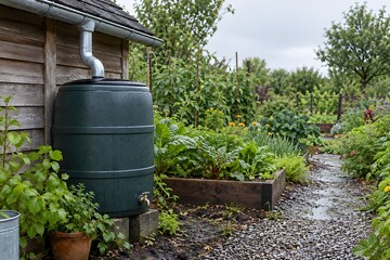 Obraz premium Rainwater collection barrel beside a leafy residential garden
