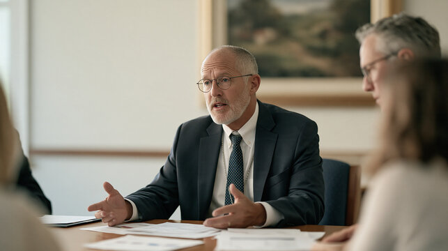 Middle aged bishop in business attire meeting with community leaders around conference table in diocesan offices, large framed pastoral painting visible on wall behind as