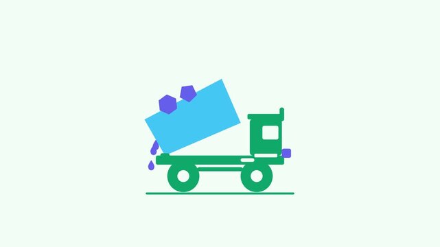 Seamless 4K looping animation of a flat haul truck icon dumping rock, centred on a clean light background with plenty of copy space. Bold outlined vector shapes in teal and turquoise and smooth repeat