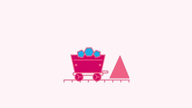 Seamless 4K looping animation of a flat mine cart icon hauling ore, centred on a clean light background with plenty of copy space. Bold outlined vector shapes in red and crimson and smooth repeating m