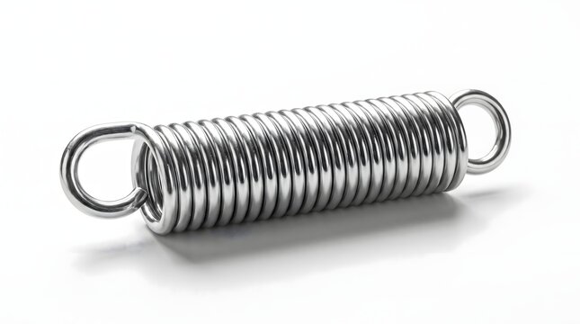 Industrial steel coil spring with circular loop ends on white background.