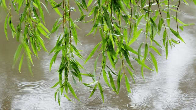 drooping. Weeping willow branches drooping over water on a grey, rainy day. product launch decks, UI/UX mockups, designed for data visualization dashboards and holographic UIs.