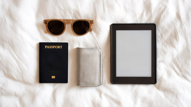 Travel essentials arranged on white bedding with wooden sunglasses, passport, beige wallet, and blank tablet screen in a flat lay composition for vacation planning