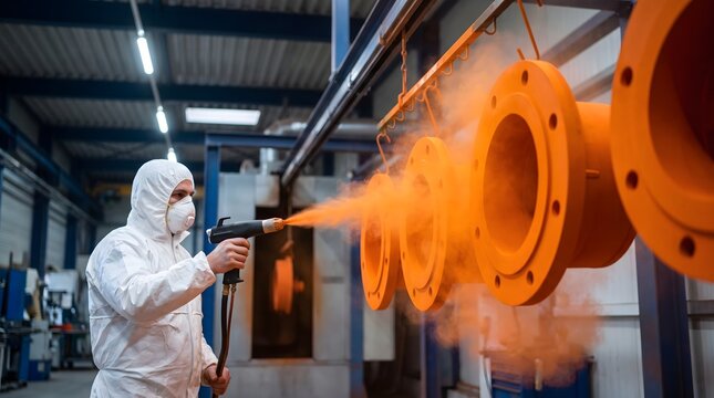 Industrial worker in protective suit applying orange powder coating.