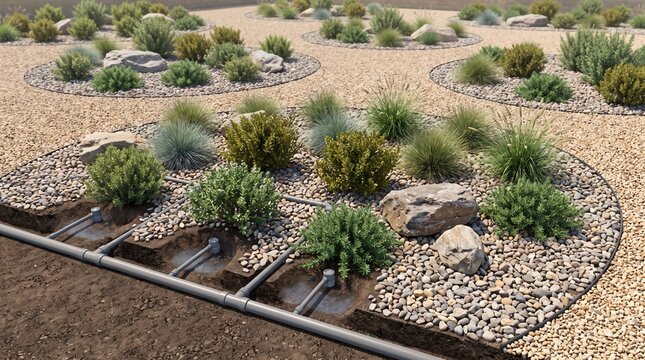 Greywater reuse irrigation for water-efficient xeriscape with buried distribution pipes subsurface emitters decorative gravel and drought-tolerant ornamental planting for residential landscapes