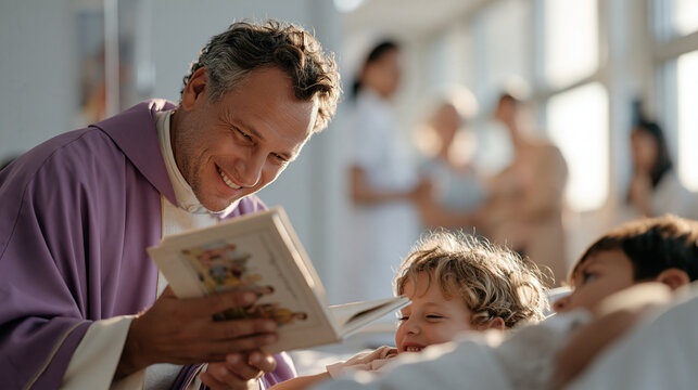 Argentinian bishop in purple cassock visiting sick children in hospital ward, reading from illustrated scripture book to bedridden youngster while nurses and parents watch from
