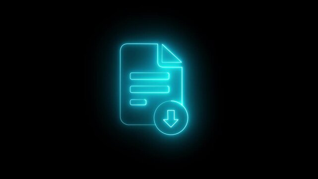 Neon blue document icon with download arrow symbol glowing on black background, motion graphic animation
