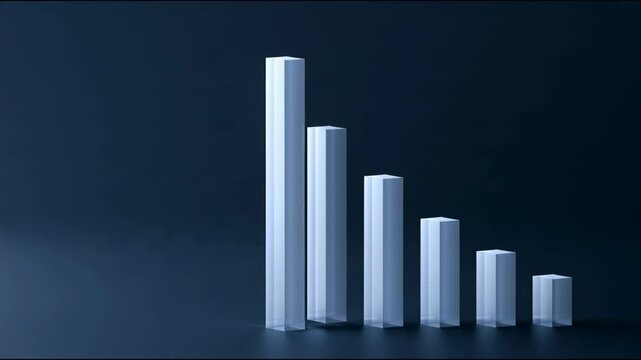 Luminous descending bar chart in minimalist style on a dark blue background, symbolizing business decline and performance