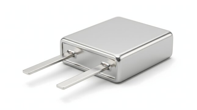 Silver metal electronic component with two prongs for power connections.