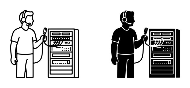 Network engineer icons set with server rack, computer technician and cable connection for IT support and data center