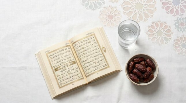Holy Quran with dates and glass of water.