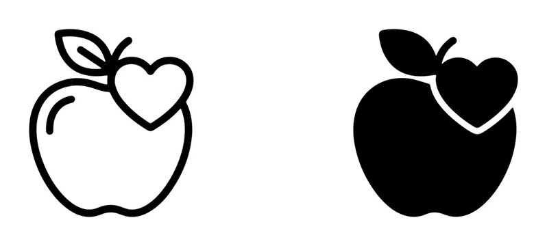 Apple with heart icon and silhouette for healthy eating or love, simple design