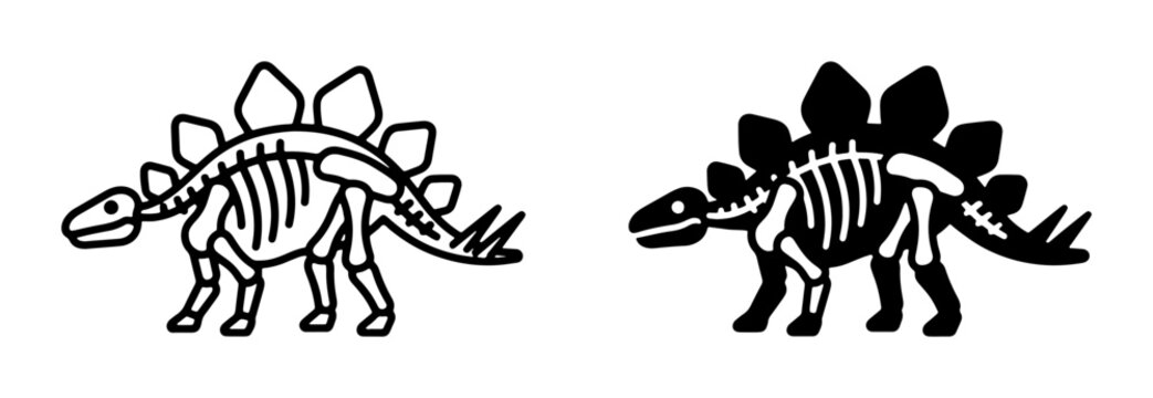 Dinosaur skeleton icons set with stegosaurus outline and filled shapes for science and paleontology
