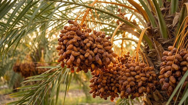 Fresh date palm fruit cluster growing on tree, ripe dates on palm branch, agricultural harvest at golden hour sunset