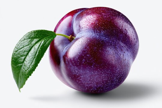 Perfect Deep Purple Plum With Green Leaf